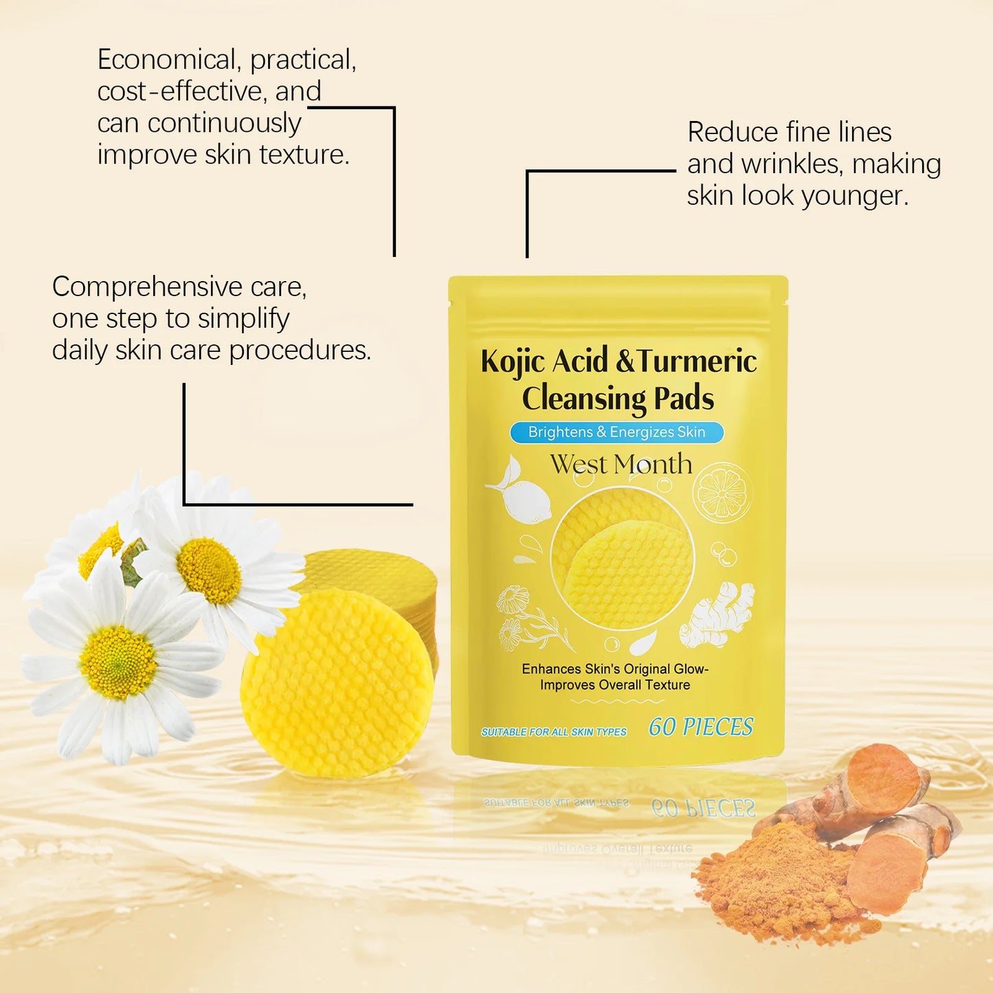 60pcs Kojic Acid Turmeric Exfoliating Pads