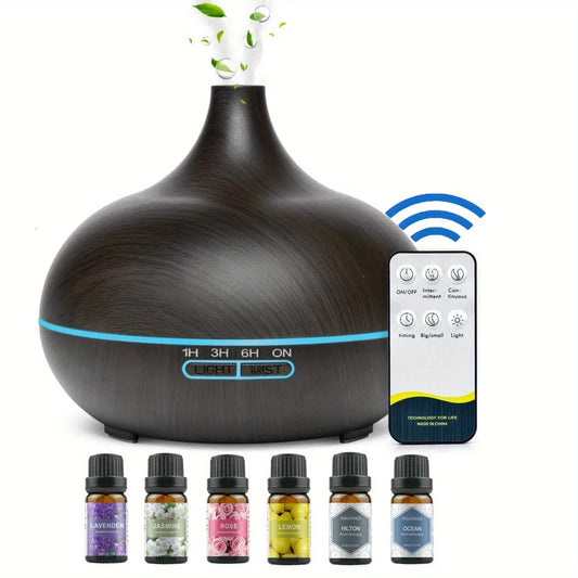550ML Essential Oil Aroma Diffuser with 6-Bottle 10ml Oil Set, Lavender/Jasmine/Rose/Lemon/Ocean/Hilton